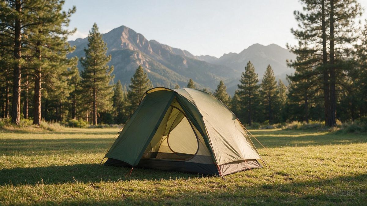 A budget two-person backpacking tent pitched on a grassy clearing at sunrise, with pine trees and mountains in the background