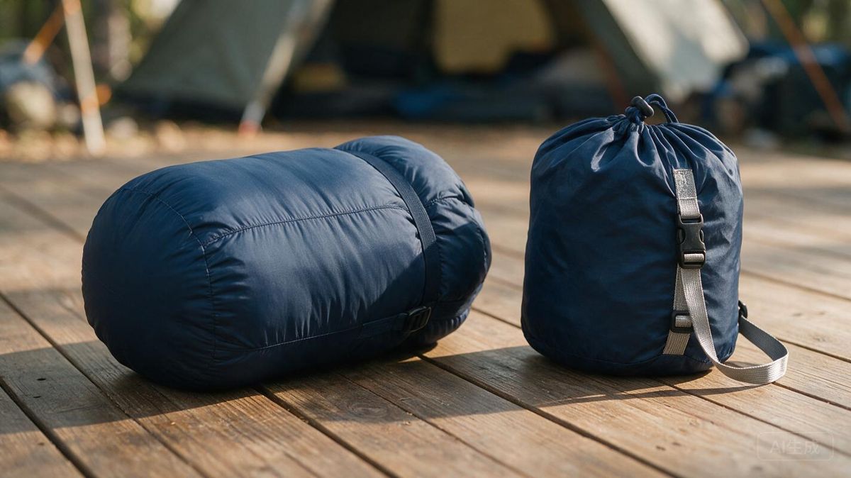 A compressed navy blue backpacking sleeping bag with its stuff sack on a wooden floor