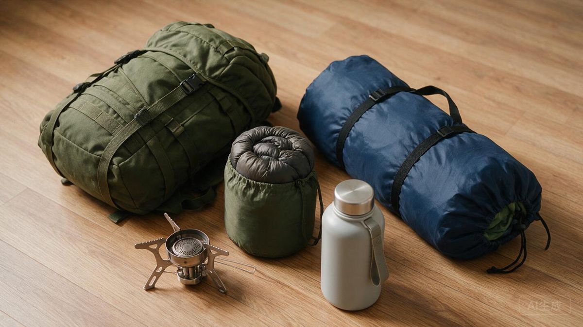 A flat-lay of budget backpacking gear including a backpack, tent, sleeping bag, stove, and water bottle