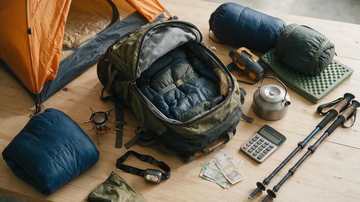 An open backpack surrounded by a full set of backpacking gear laid out for a budget planning overview