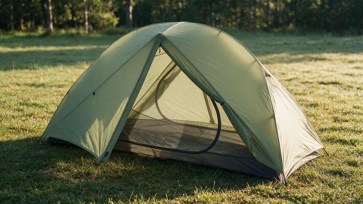 A lightweight olive-green dome backpacking tent set up on a grassy campsite with the door partially open